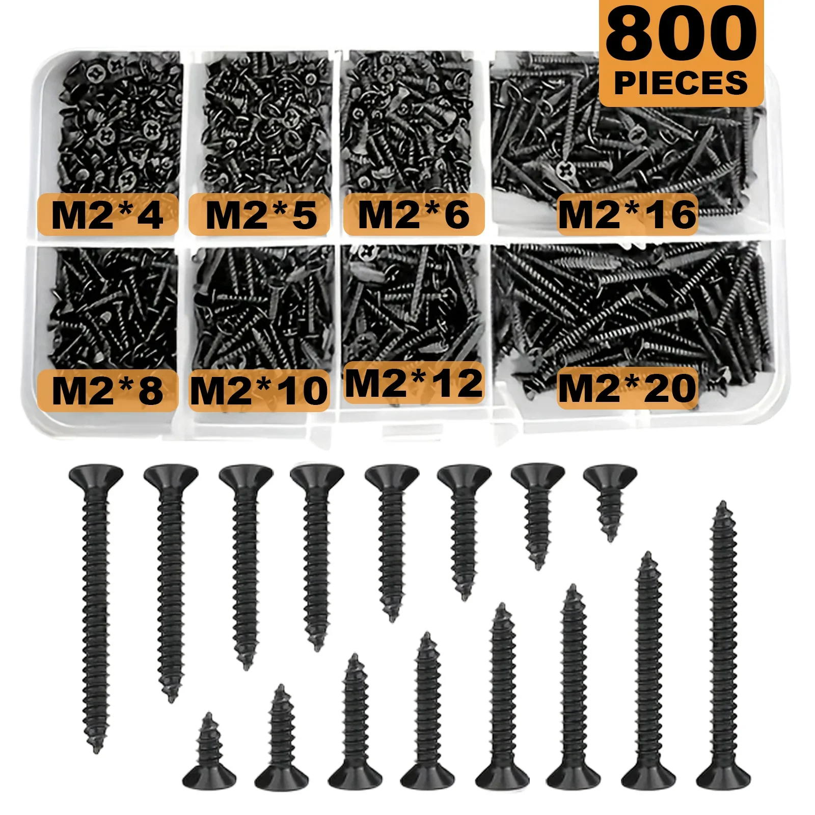 800pcs M2 Kit de sortimento de parafusos auto-roscantes Phillips pretos, parafusos de travamento e parafusos para madeira