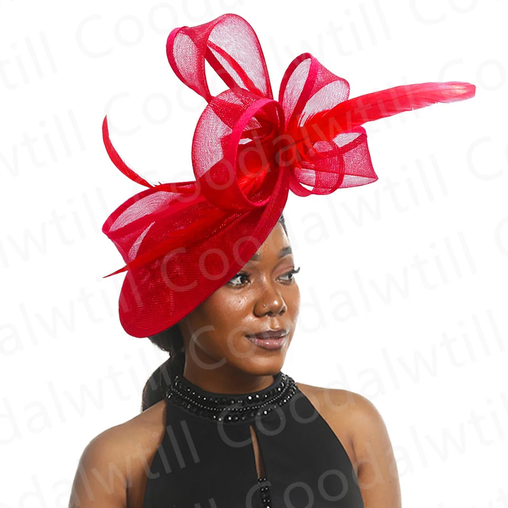 Red Fascinator Hat Wedding Church Headpiece Women Formal Event Tea Chapeau Cap Feather Kentucky Derby Race Millinery Femme