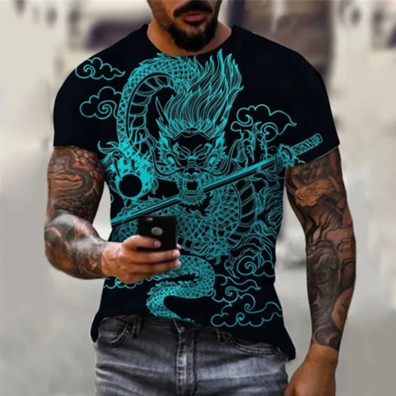 

3D print dragon T-shirt men's y2k clothing harajuku black short sleeved man classic o neck T shirts street wear sports tshirt