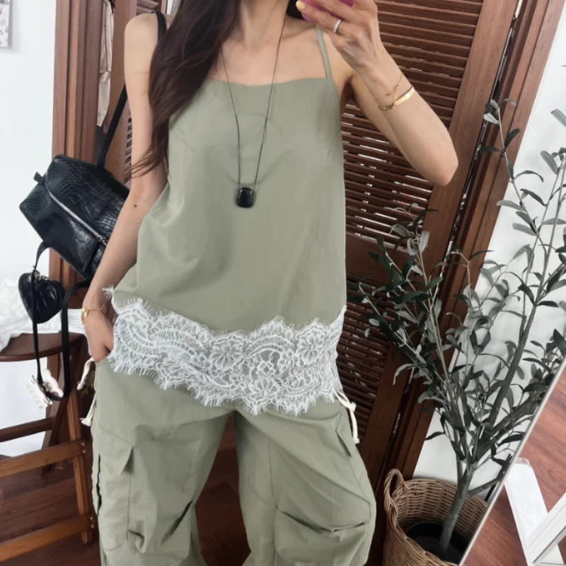 2026 Sexy Adjustable Strap Lace Splice Casual Pants Set High Waist Trousers Strap Vest Side Tie Floral  Loose Fit Summer ...