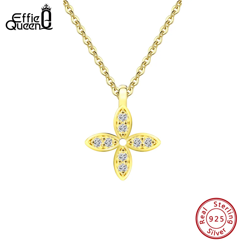 EFFIE QUEEN 14K Gold Pendant Necklace 925 Sterling Silver Cable Chain With AAAA Cubic Zirconia Four Leaf Clover Decor Gift APN26