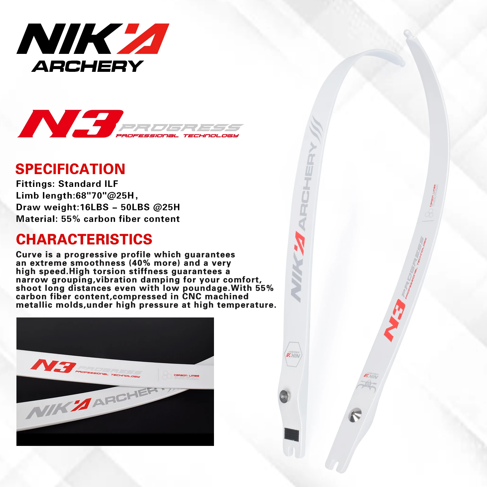 

1Pair 68" N3 NIKA ARCHERY Recurve Bow Limbs Progress Series with 55% carbon fiber content Limb Draw Weight 16-50 lbs