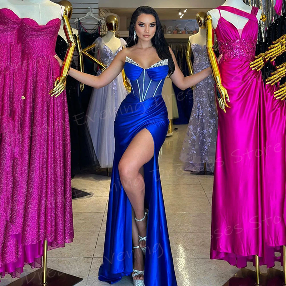 Vestido De Noche De sirena azul marino clásico para mujer, vestidos sin tirantes con cuentas, vestidos De graduación, abertura alta