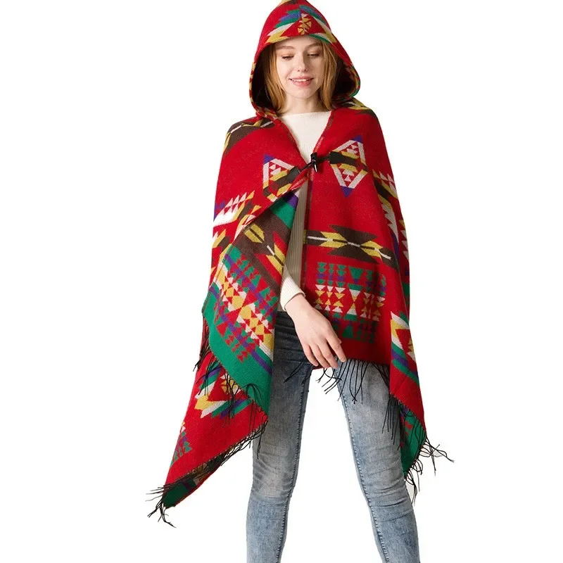 Primavera autunno donna Poncho con cappuccio mantello mantello con frange nappa scialle Wrap maglione stile bohémien scialle sciarpa cappotto