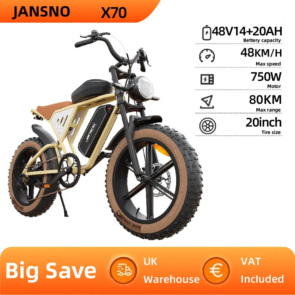 AliExpress JANSNO Jansno X70 Adult Electric Bicycle 750W Motor Men's E-Mountain ebike 48V34Ah Battery 20 Inch Fat Tire Off-Road Electric Bike