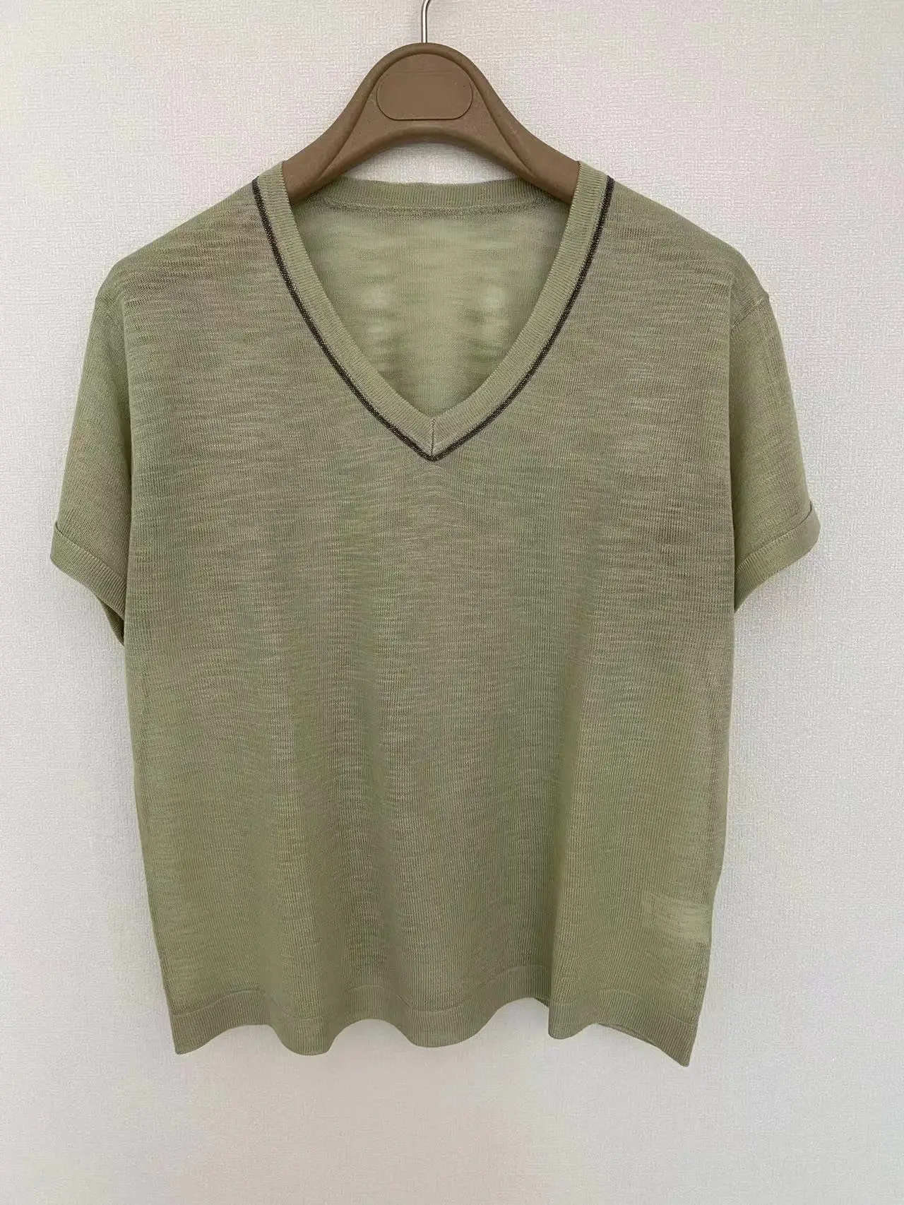 2024 Summer New Fashion All-match Casual V-neck Bead Linen Short-sleeve Women