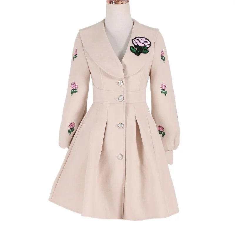 

2025 Autumn Winter Woolen Coat Women's Jacket Beige Embroidered Long Sleeved Medium To Long Slim Lady Clothing