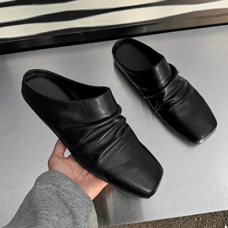 Casual Leather Shoes Square Pleated Loafers Flat Soled Half Drag Leather Shoes Couple Slippers Retro Square Toe Leather Shoes