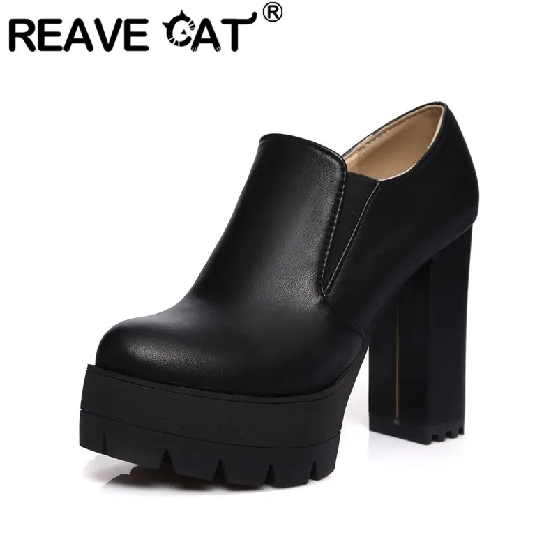 REAVE CAT White Women Pumps Round Toe 11cm Block Heel 3.5cm Platform Slip On Big Size 41 42 43 Office Lady Handmade Daily Shoes
