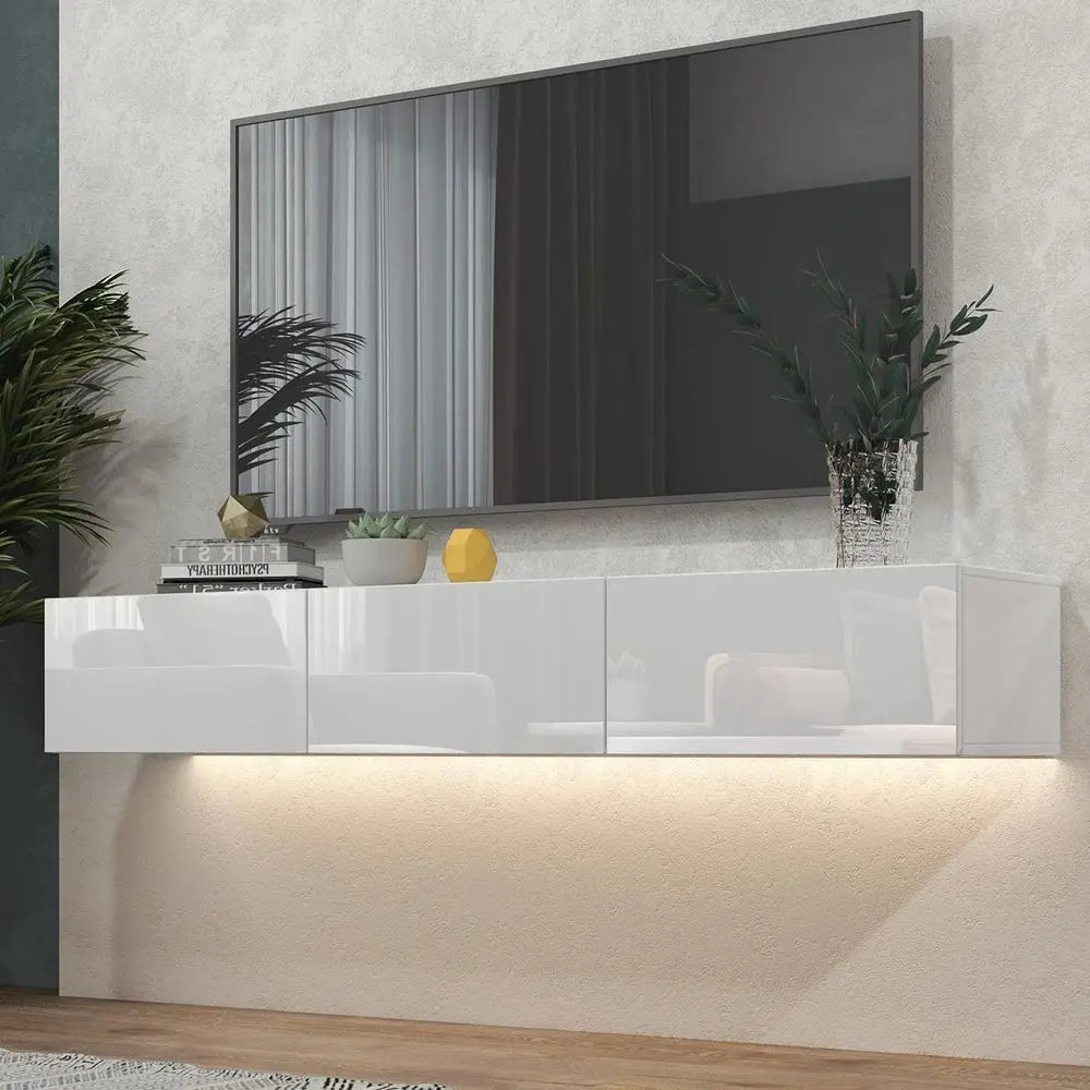 White High Gloss Wall-Mounted TV Stand for 70 TVs, Sleek Entertainment Center for Living Room or Bedroom