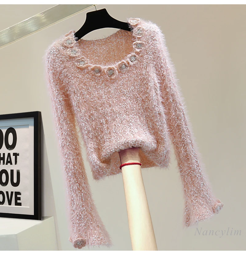 Heavy Industry Flower Beaded Mohair Sweater Lady Autumn and Winter High Waist Short Low Crew Neck Sweater Women's Pink Pull