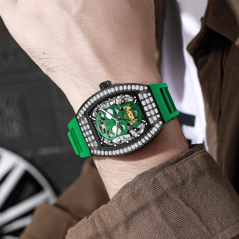 Dulunwe Men's Self Winding Watch Full Diamond Encrusted Tonneau Case Skeleton Skull Hollow Hip Hop Wristwatch