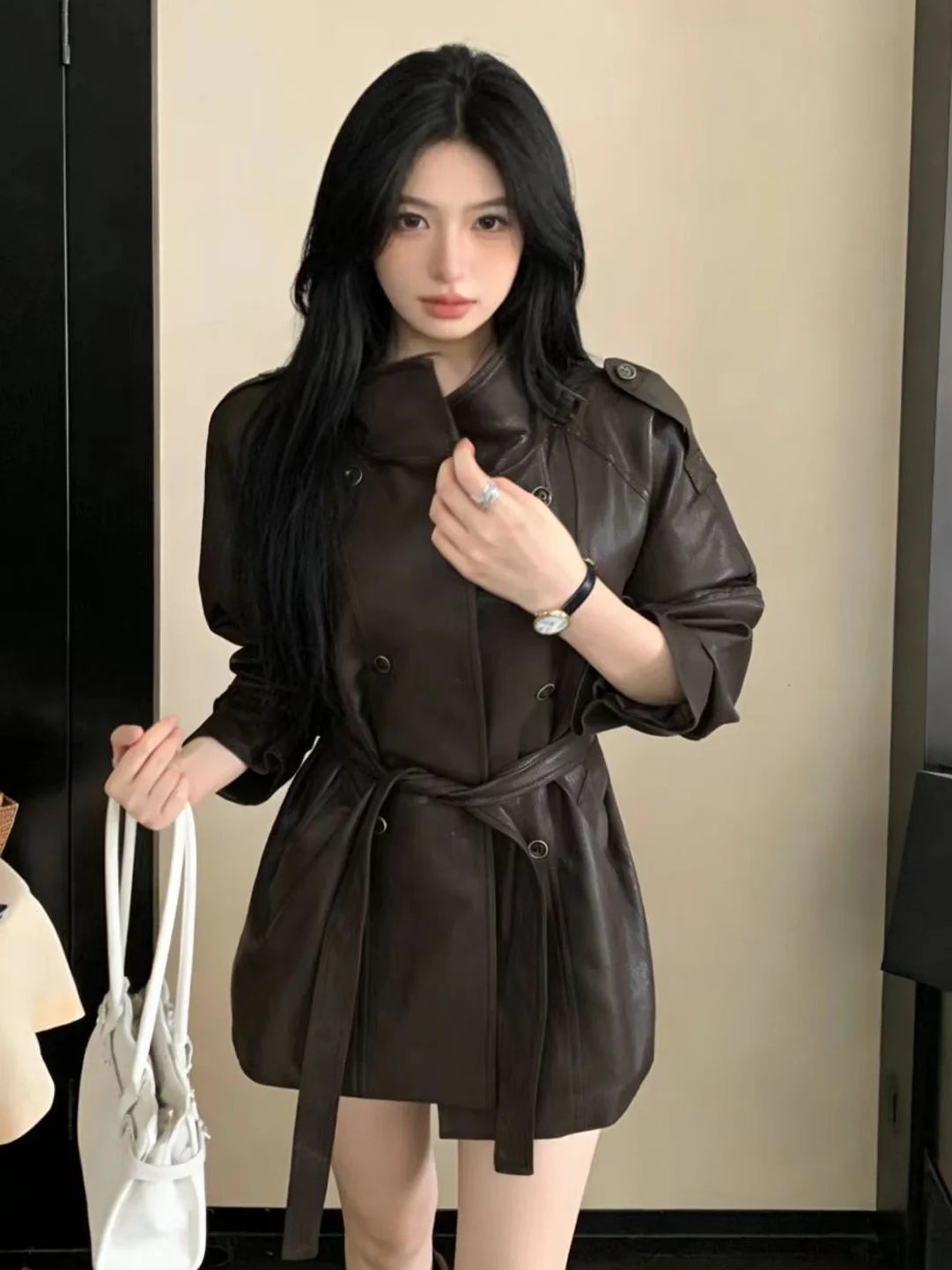 

High Quality PU Deep Brown Women's Jacket Spring New Fashion Trend Medium Length Windbreaker Outerwear Stylish Trendy
