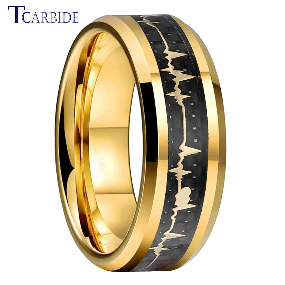 

Dropshipping 8MM Cardiogram Pattern Ring Men Women Tungsten Engagement Wedding Band Black Carbon Fiber Inlay Comfort Fit