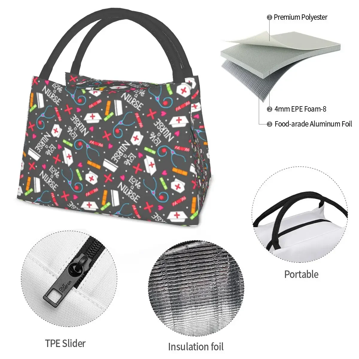 NOISYDESIGNS Bento Nurse Bag Insulated Travel Lunch Bags Women Nurse Print Food Warm Bag for Work Picnic Cooler Box Totes