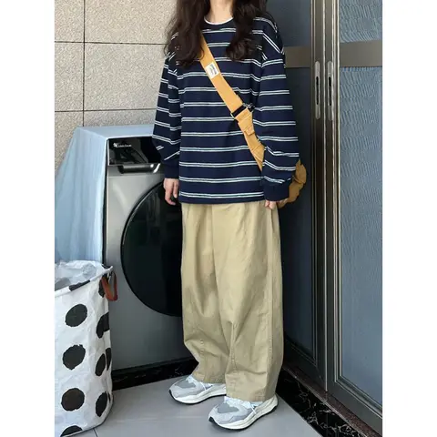 여성용 스트라이프 티셔츠 캐주얼 루즈핏 긴팔 가을 겨울 여성용 안감용 스트라이프 티셔츠 티 스트라이프 티셔츠