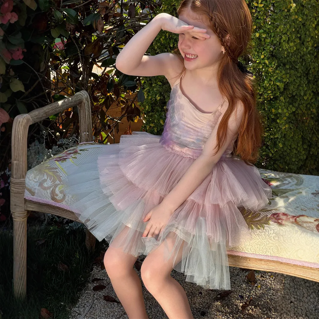 

Mesh Mermaid Dress 2025 Summer New Fashionable Colorful Temperament Mesh Princess Dress Kids Clothes Girls