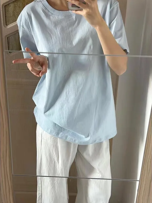 

New 2025 Blue Cotton Short Sleeve Women's T-shirt Loose Fit Color Versatile Summer Trendy Top Durable Breathable