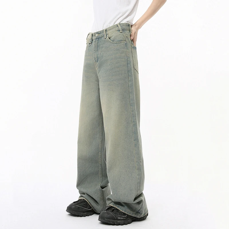 Iefb 2024 outono calças jeans dos homens em linha reta droop vintage solto inferior em linha reta perna larga casual calças masculinas estilo