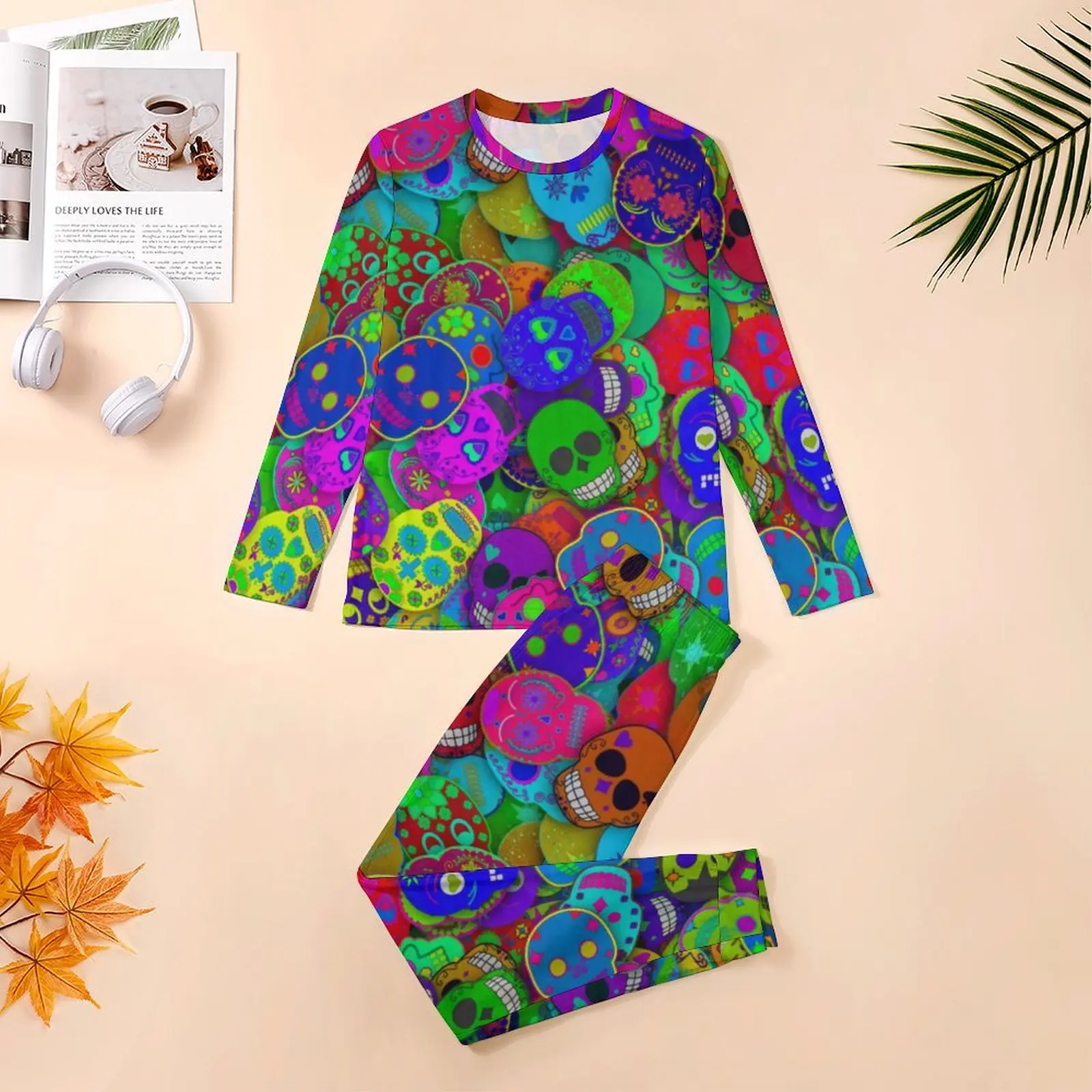 Rainbow Sugar Skull Pajamas Male Colorful Mayhem Trendy Sleepwear Autumn Long Sleeves Two Piece Sleep Graphic Pajama Sets