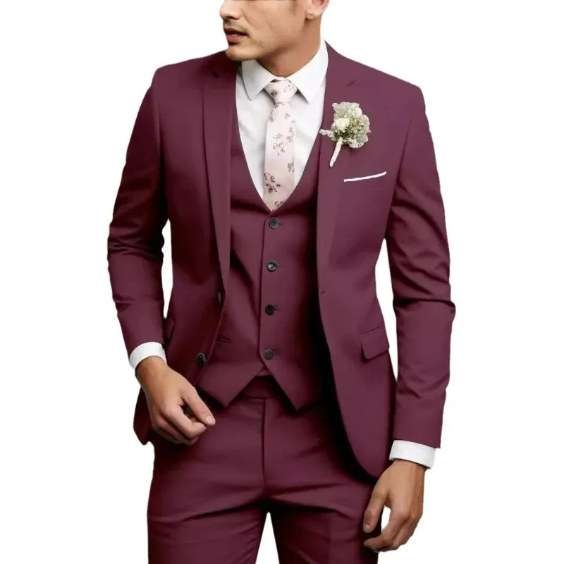 

KIDWHXR Men 3-piece Outfit Single-breasted Blazer Man V-neck Vest Straight-leg Pant Male Simple Solid Color Wedding Suit Sets