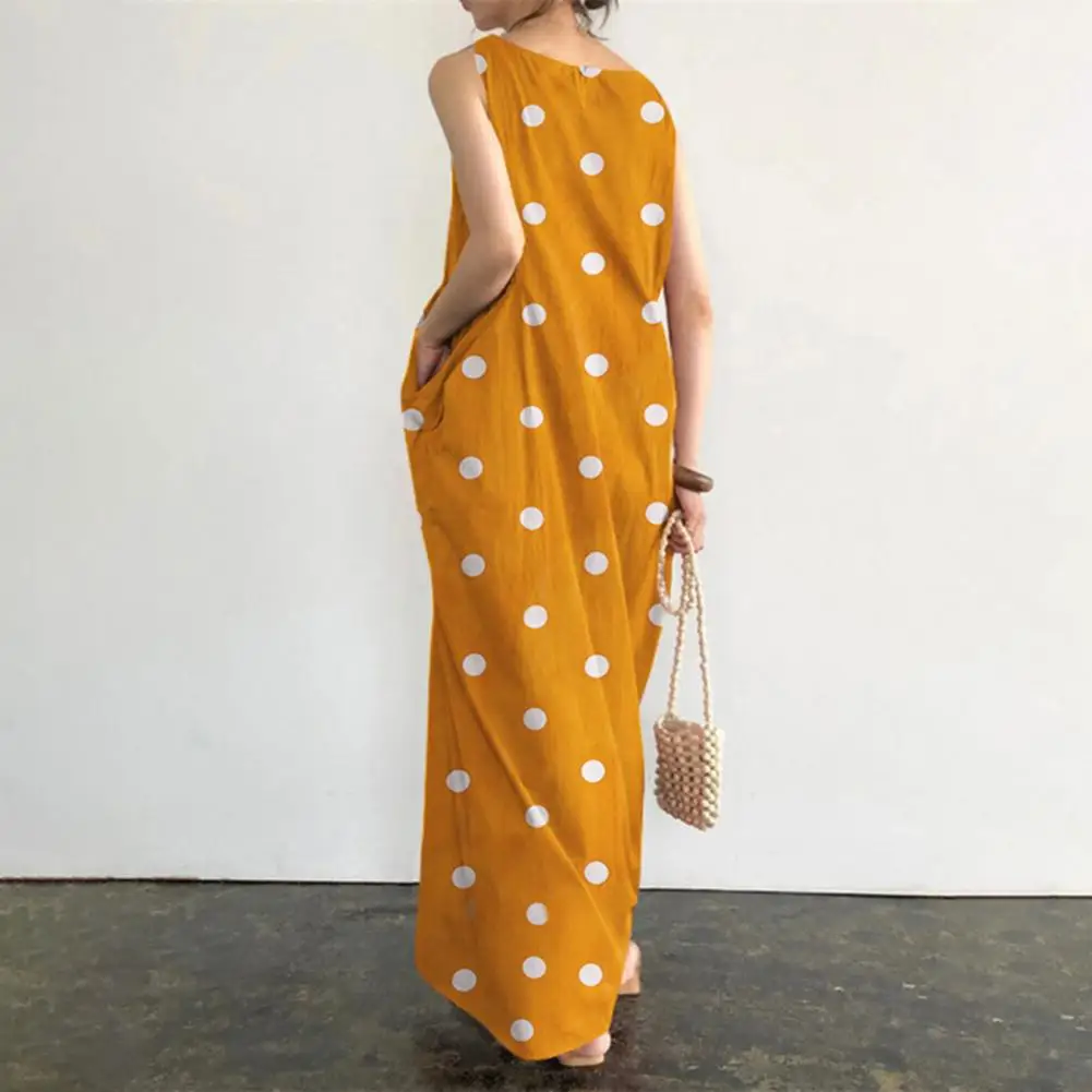 Loose Maxi Dress Summer Maxi Dress with Dot Print O Neck Big Pockets for Women Soft Ankle Length Beach