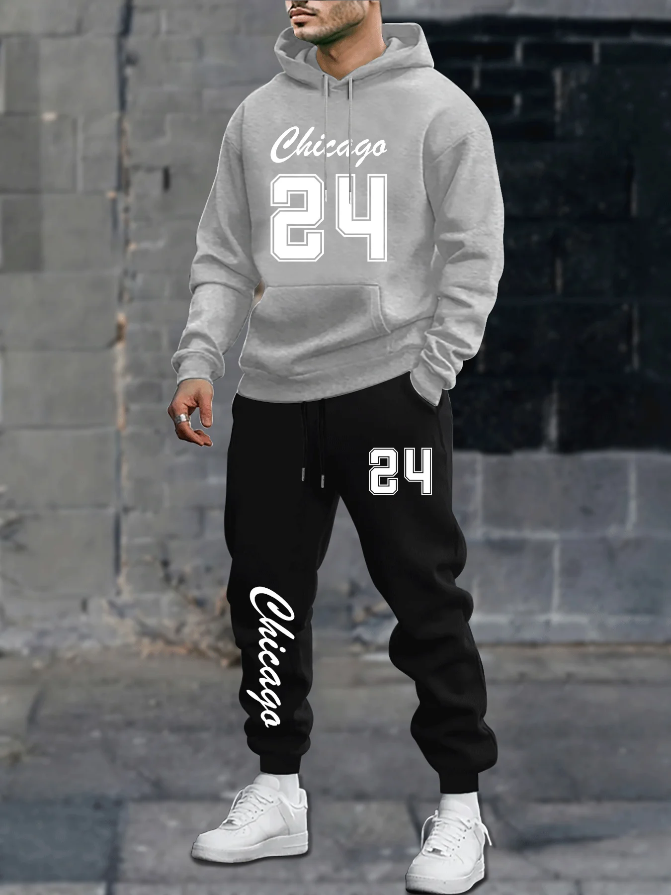 2026 New Men's Chicago 24-Character-Number Printed Hooded Sweatshirt Set, Fall/Winter Street Fashion Outfit