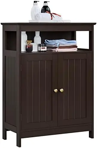 

Wood Floor Cabinet with Doors and Adjustable Shelves, Inside Wooden Free-Standing Cabinet for Bathroom/Living Room/Hallway, Esp