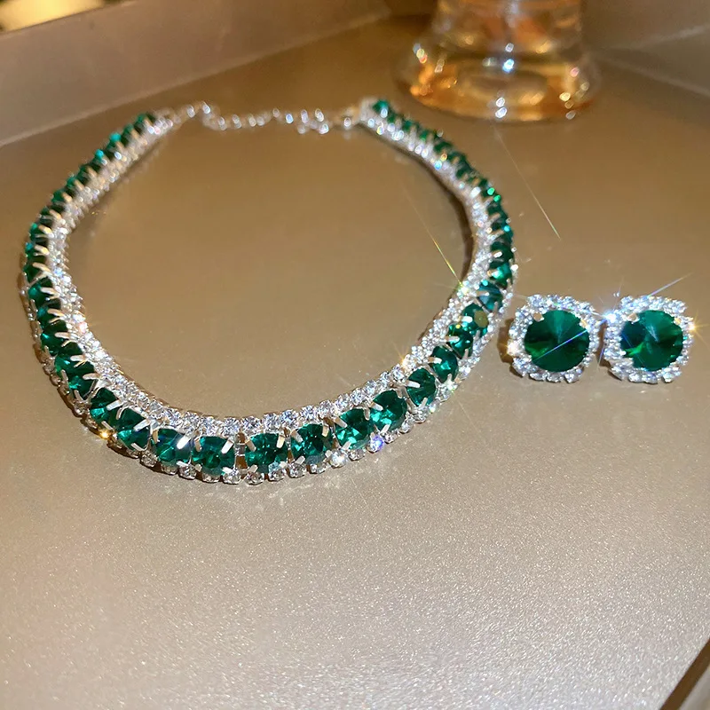 2pcs Emerald Square Earrings Necklace for Women Shining Rhinestone Trendy Versatile High-end Elegant Jewelry Set Party Gift image 2