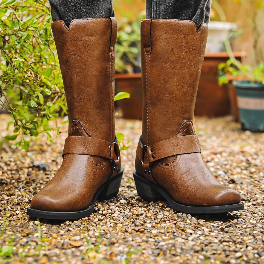 

11Retro Cowboy Boots Men Mid Calf Western Boots Men Pu Leather Man Slip On Shoes Winter Knight Booties Plus Size 39-48