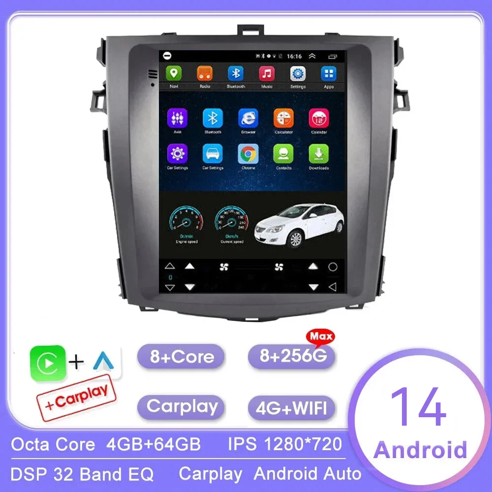 

Vertical screen Android 14.0 Car Stereo Radio for Toyota Corolla E140/150 2007 2008 - 2013 Multimedia Player 2 Din DVD Speakers