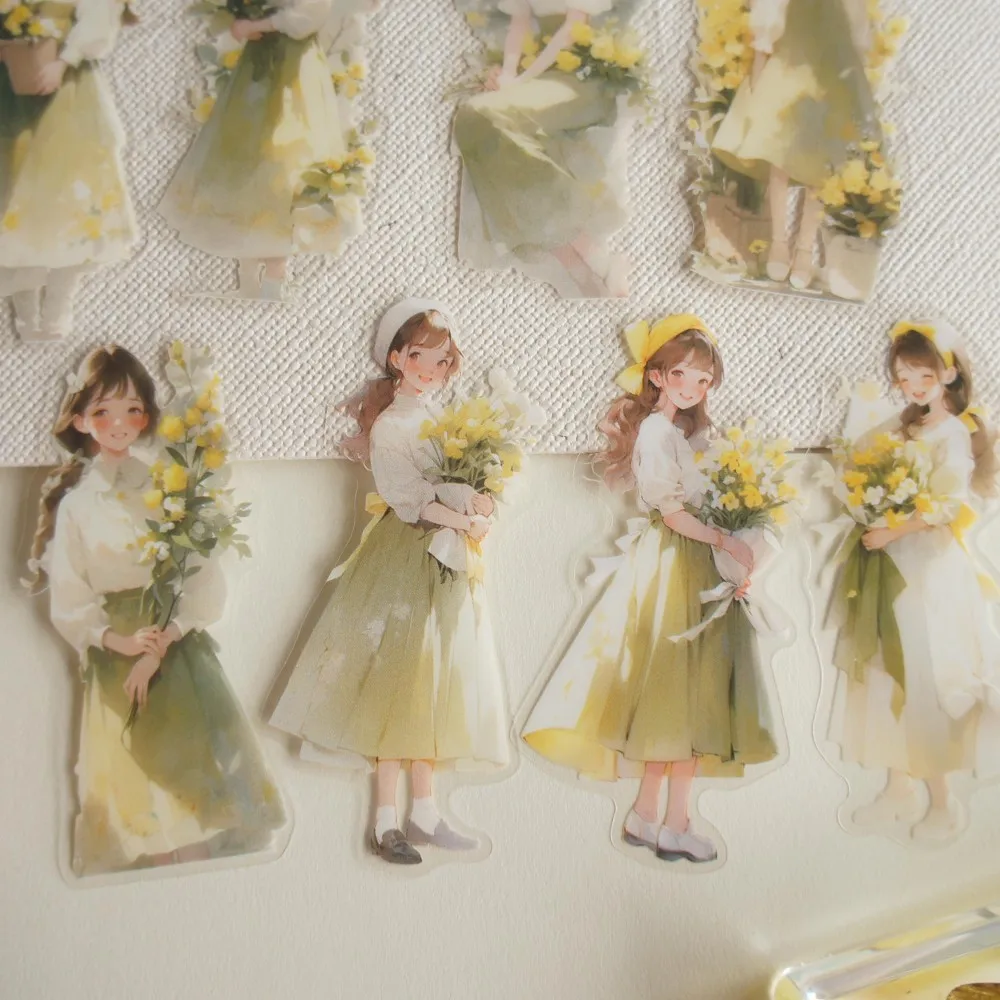 

28pcs Girl Holding Flowers in The Sunshine Style PVC and Paper Sticker Scrapbooking DIY Gift Packing Decoration Tag