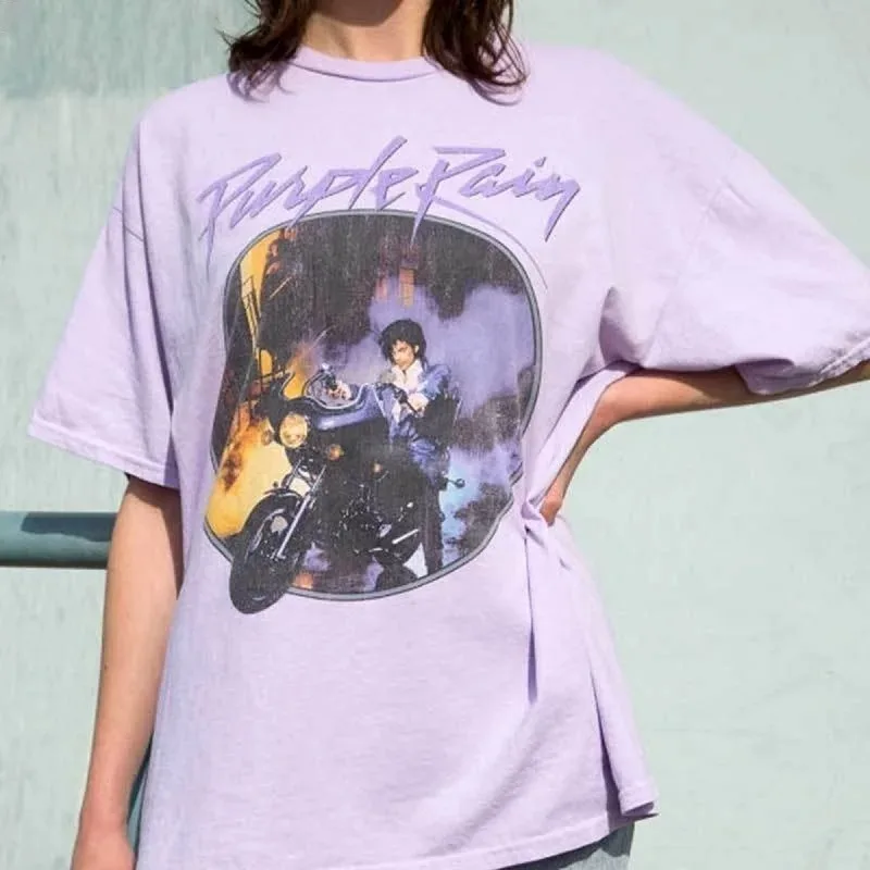 6022 Purple Rain Vintage Graphic T-Shirt Women's Short Sleeve Purple Printed Top Summer Cotton Loose Music T-Shirt Women's Top