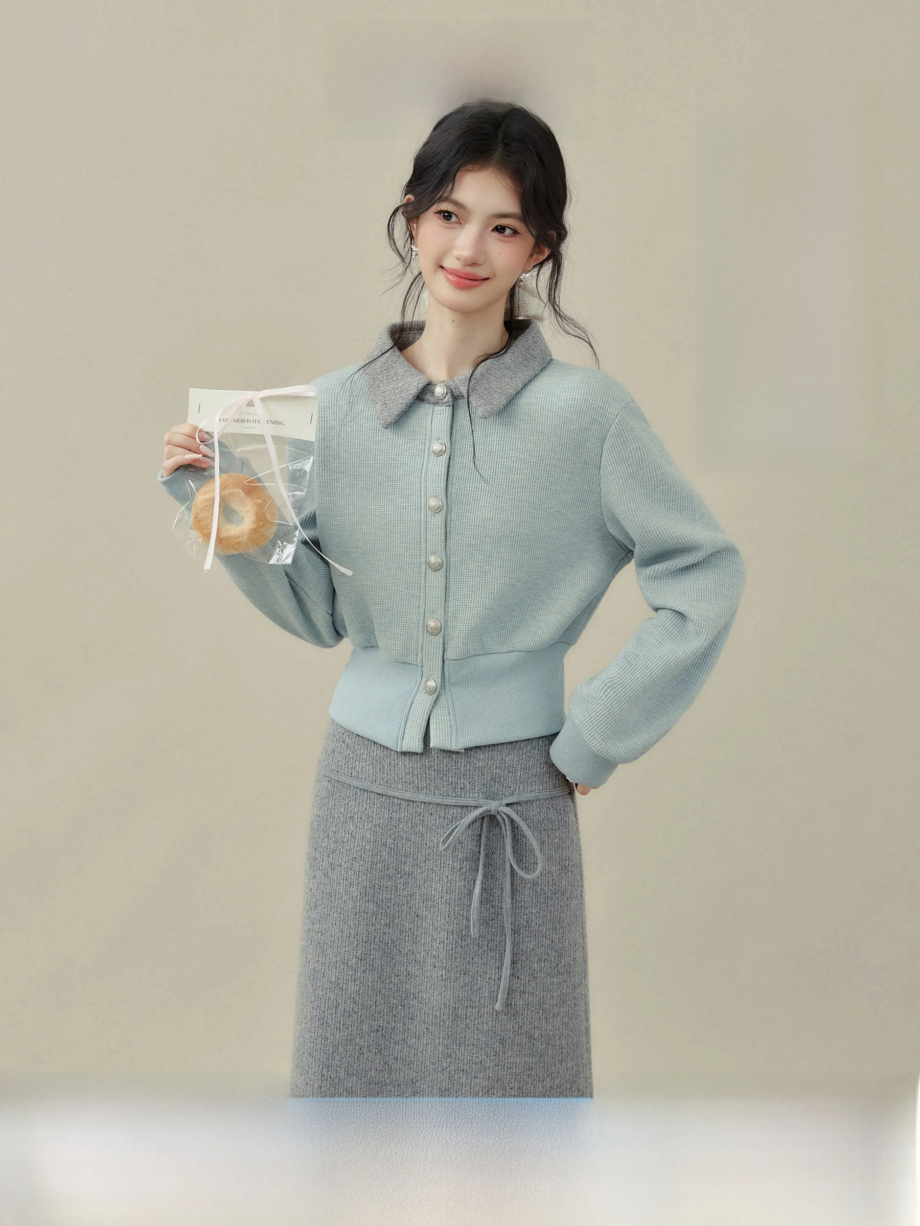 

Ou Yang Xi Autumn Winter Flip Collar Open Cardigan ort Top Women High Waist Straight Tube Skirt Set Faionable Casual...