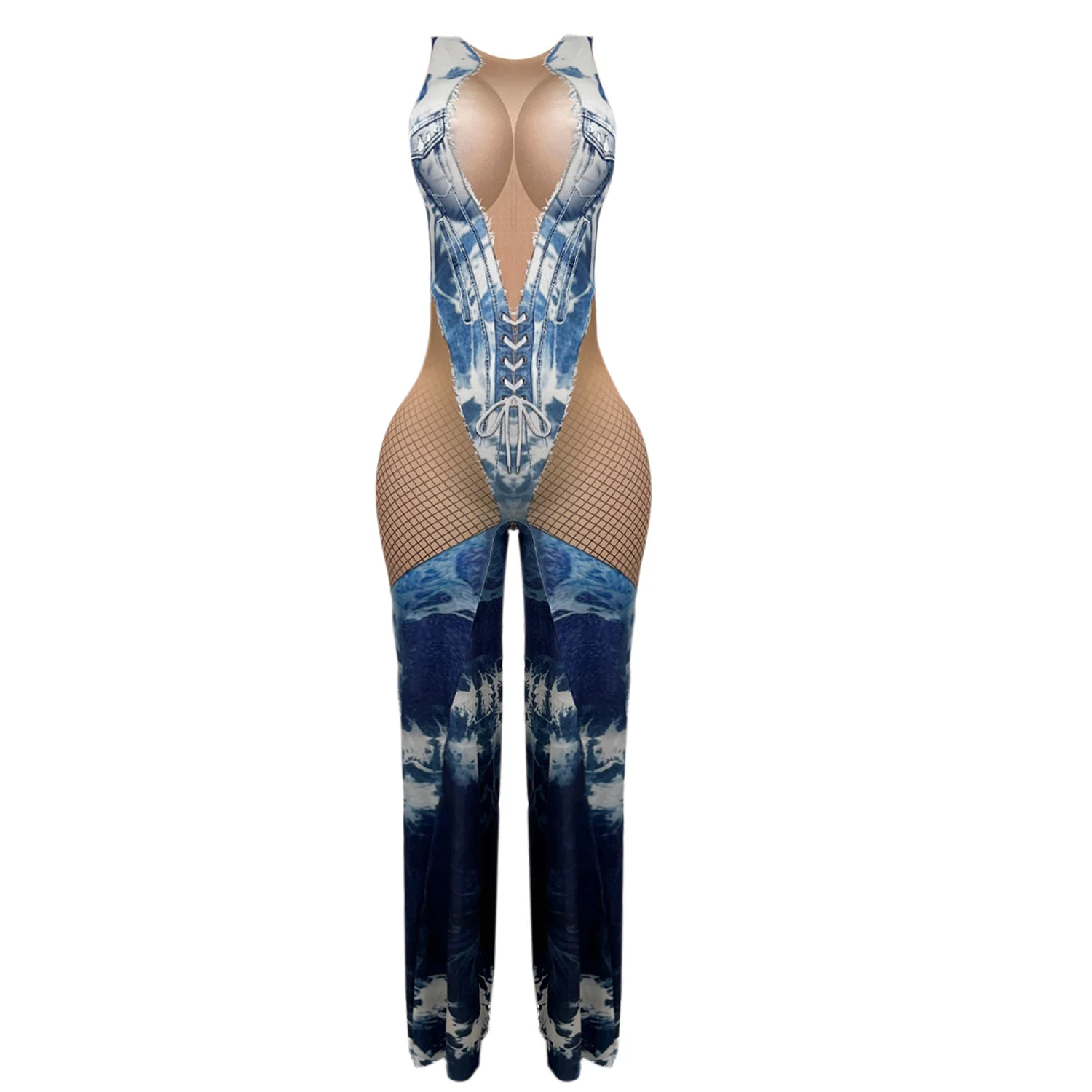 

Elegant Women Fashion Jumpsuit Wide Leg Pants Denim Print Black Mesh Sleeveless Top Loose Pants Dance Performance Costume A14