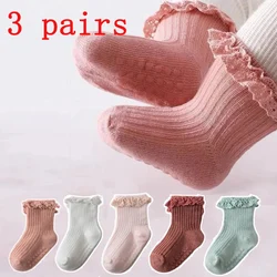 3pairs/lot Infant Girl Cute Lace Sock Ribbed Childrens Girls Non-slip Socks Solid Breathable Ankle Socks 0-5Y Kid Girls Socks