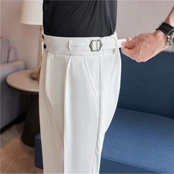 Summer Ice Silk Thin Casual Pants Men Solid Color High Waist Elastic Business Suit Pants Office Social Trousers men clothing