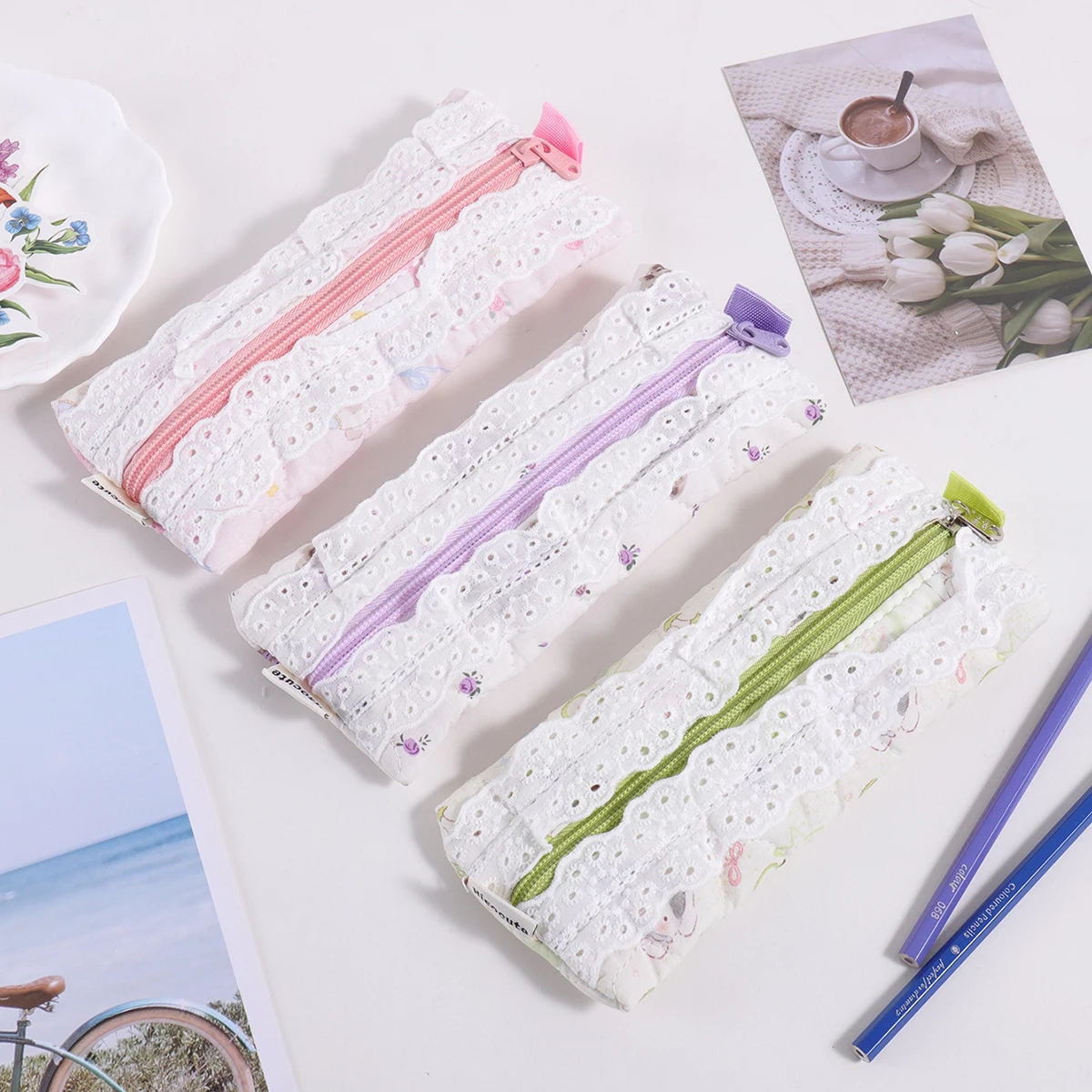 1 pc embroidered lace pencil bag, creative cute animal print style, fashionable school supplies for storing stationery
