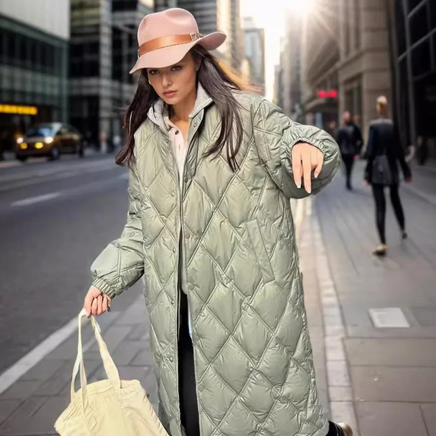 2025 Design Sense Diamond Grid Mittellange, lockere Baumwolljacke 2025, neuer Winter-Damen-Kontrast-Kapuzen-Langparka-Damenmantel