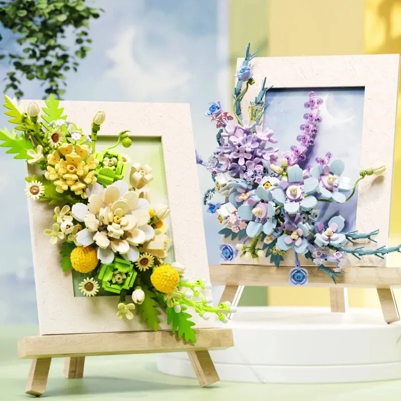 Bouquet Photo Frame Building Blocks Wooden Easel Flower Model Bricks Creative Desktop Decorations Adult Romantic Gifts Kids Toys