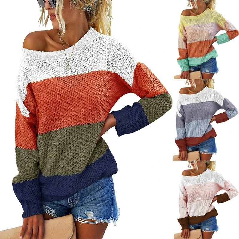 Women's Luxury Fashion Top Multi colored Long sleeved Round Neck Splicing Colorful Elegant Pullover Knitted Sweater