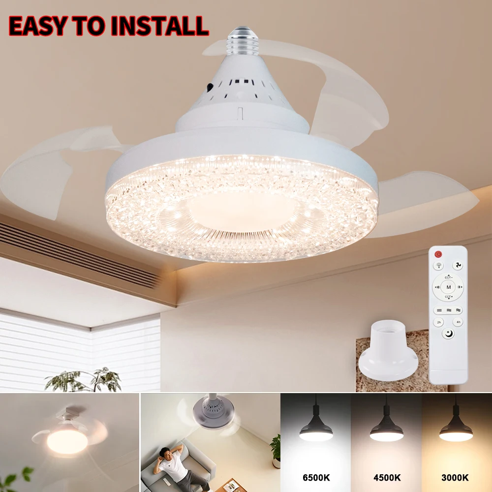 E27 Bulb Ceiling Fan Light, with Remote Control, Adjustable Brightness, 3 Colors, Indoor Lighting, Living Room, Bedroom, Study