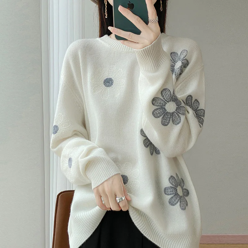 

Женский пуловер из 100% шерсти толщиной - трикотаж с круглым вырезом - украшенный цвет - блокированные большими подсолнухами, сочетающий тепло