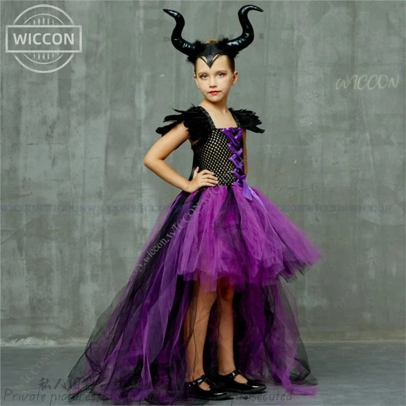 

a7d@Maleficent Dark Queen Halloween Witch Girl Costume Deluxe Black Glam Party Dress Kids Robe Cosplay Clothes Halloween Christm