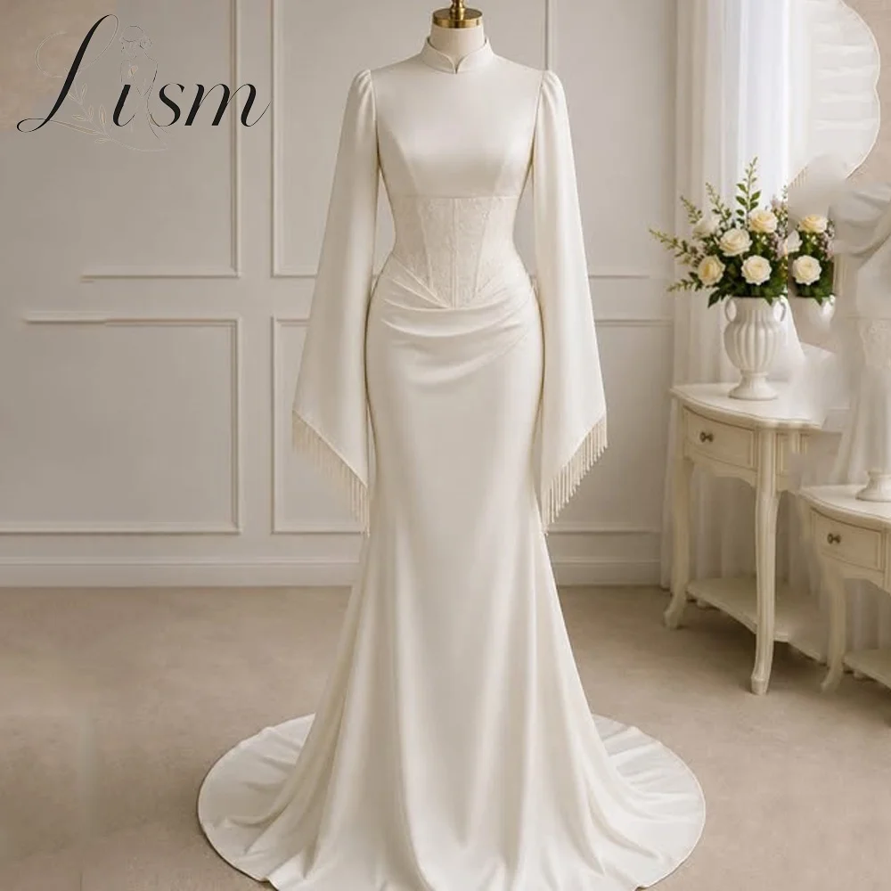 Lism Graceful High Neck Satin Mermaid Wedding Dress Bell Long Tassel Sleeves Corset Waist Bridal Gown With Train 2026 Customized