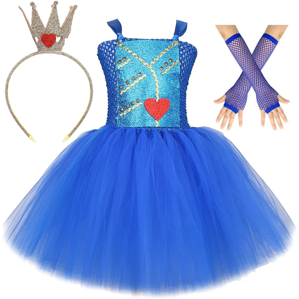 Royal Blue Evie Descendants Costumes Girls Carnival Halloween Dresses for Kids Red Heart Christmas Tutu Outfit with Crown Gloves