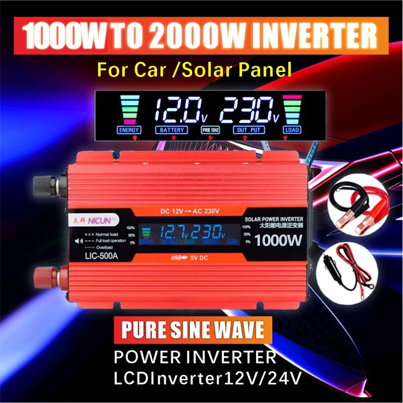 

Power Inverter 1000W-2000W To 110V/220V Solar Inverter Portable Converter LED Display Screen Solar System for Phone Laptops Car