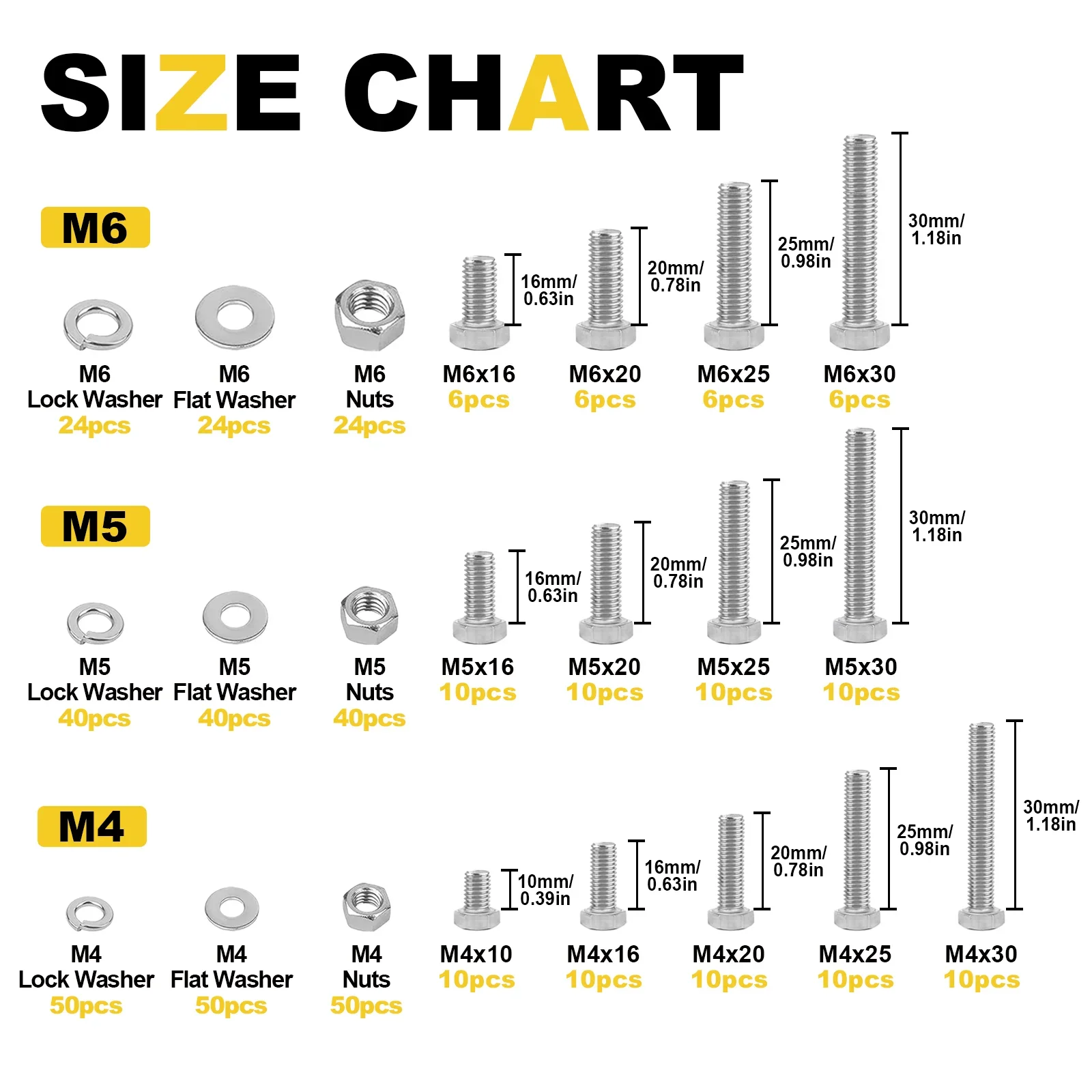 456-Pcs 304 Stainless Steel External Hex Bolt, Hex Nut, Washers, and Spring Washers Set - M4, M5, M6 Sizes. Boxed Screw Assembly