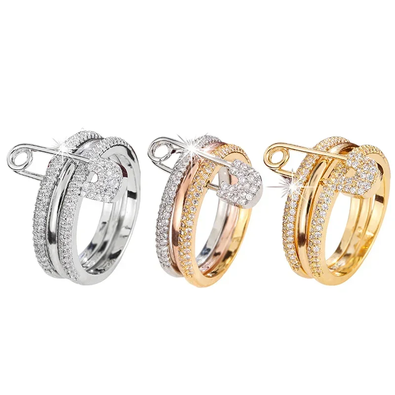 European American Simple Stylish Exquisite Shiny Women Zircon Three Layers Detachable Pin Ring Daily Jewelry Valentine Day Gift