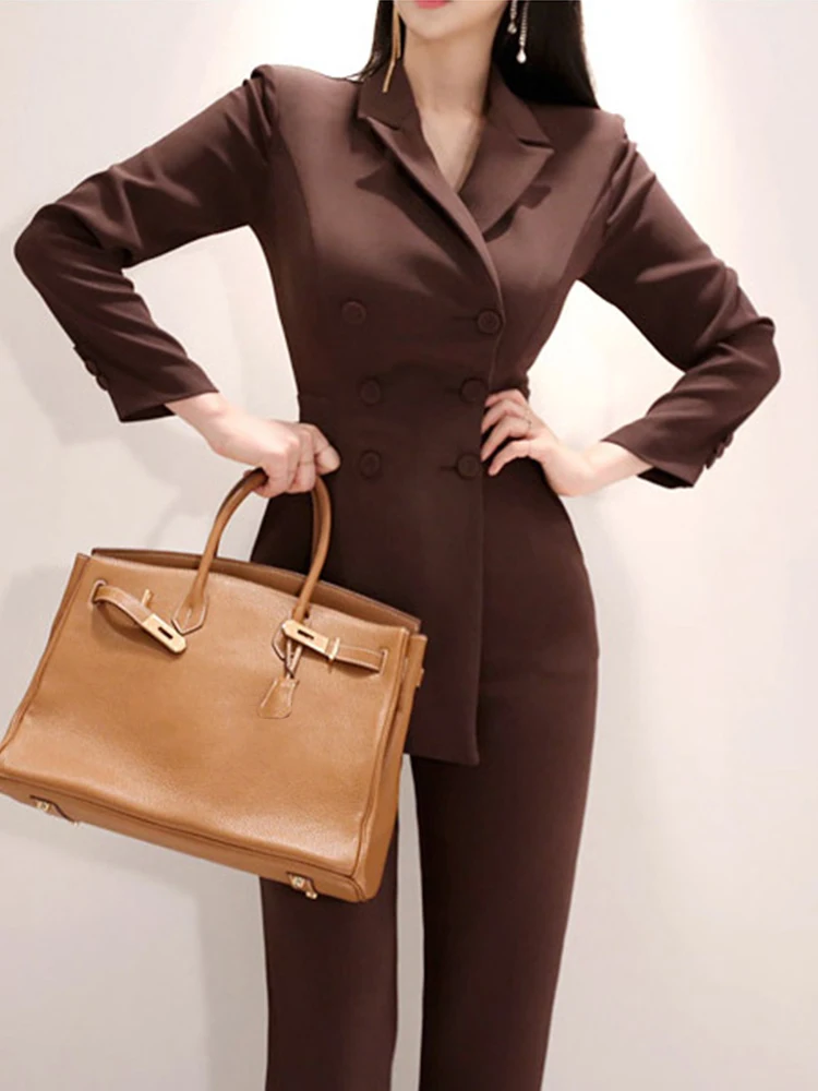 New Fashion Elegant Office Women Jumpsuit Temperament Simple Casual Double Breasted Slim Female Mujer High Waist Straight Romper